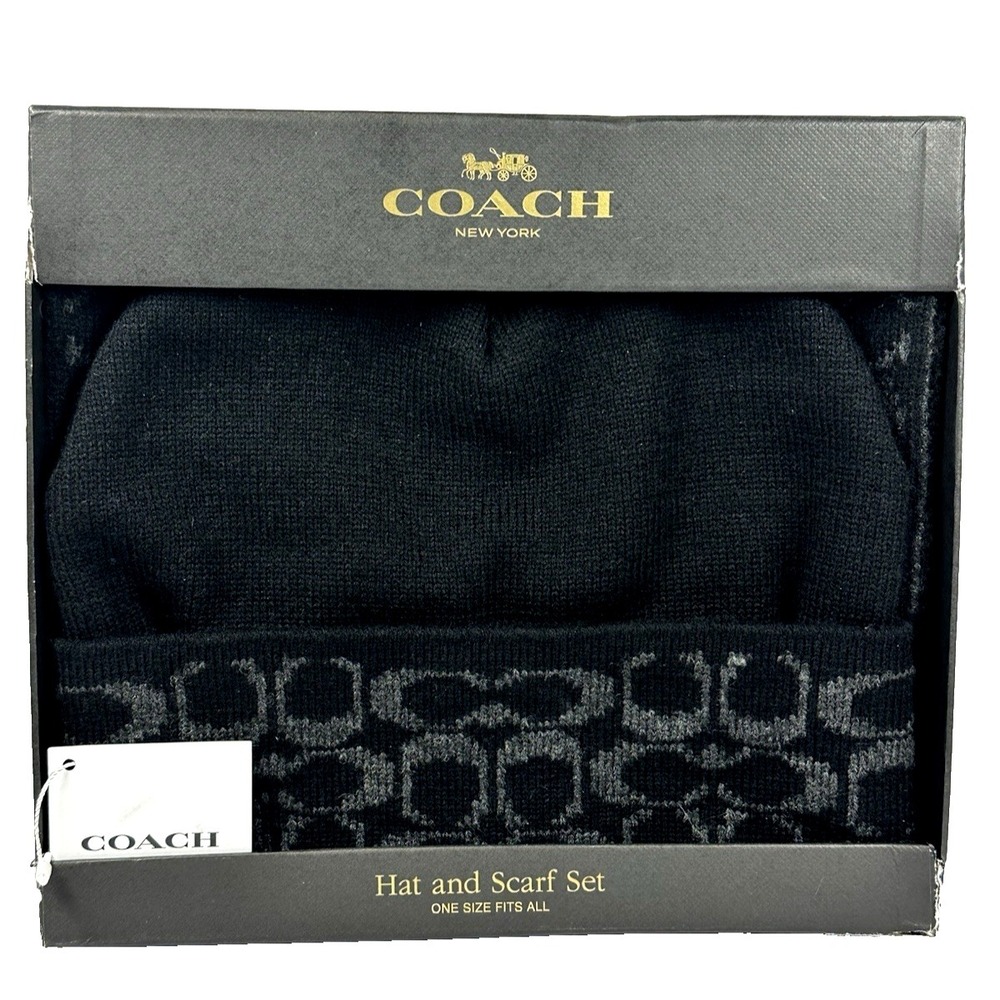 Coach New York Hat Scarf Set Signature C Knit Beanie Gift Box NWT
